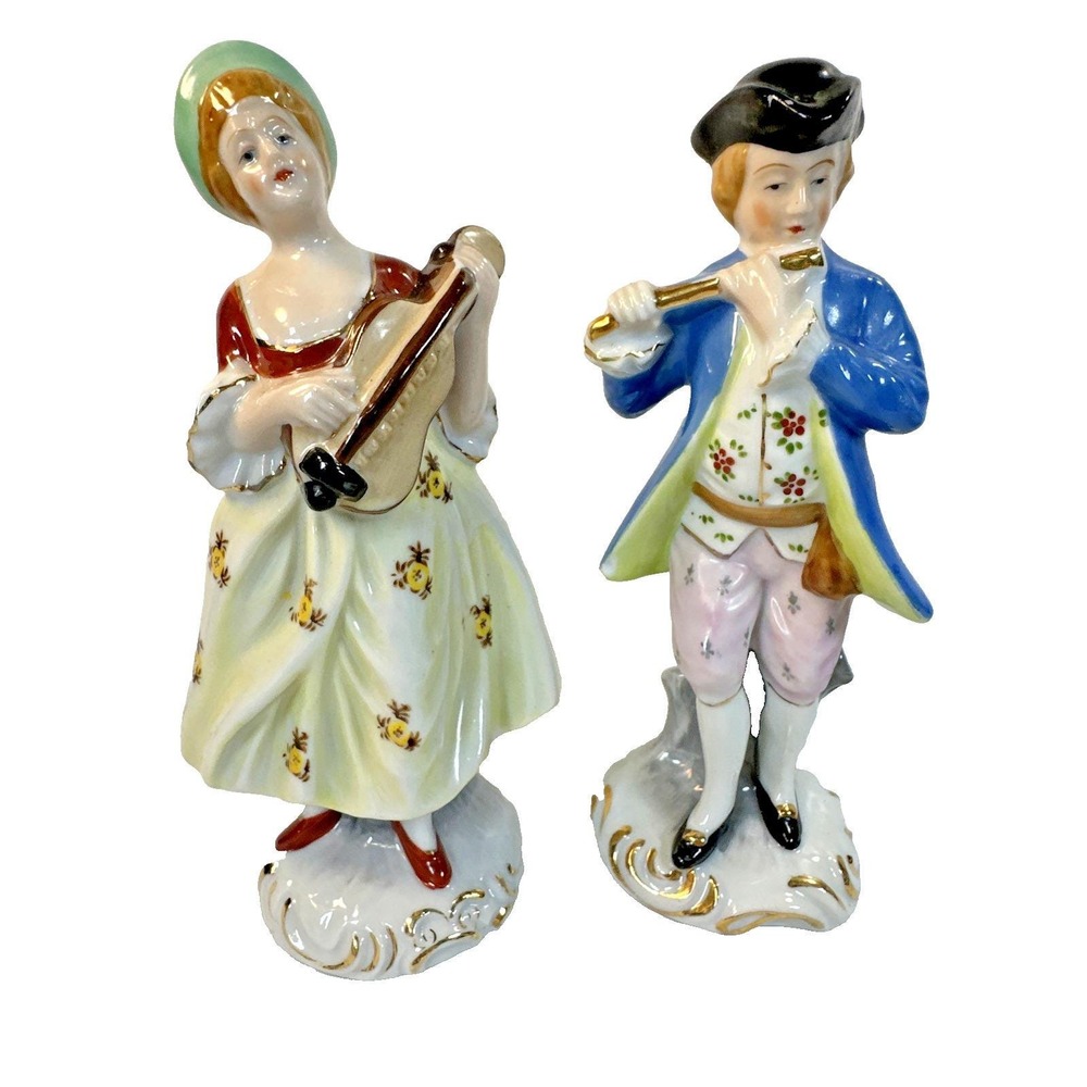Pair Of Vintage OCCUPIED JAPAN Figurines Musical ~ 7" Tall ~ EVC ~ 1945-1952